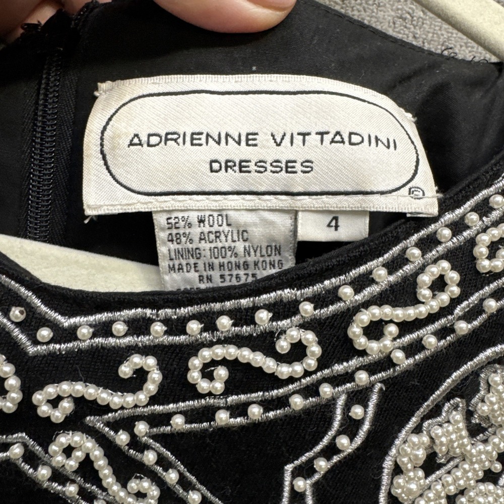 Vtg 80S Adrienne Vittadini Black Sheath White Pearl Beaded Dress Elegant Women 4 - Picture 6 of 12